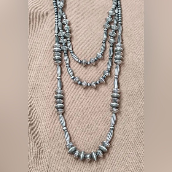 Southwest Graduated Faux Navajo Pearl Multi Strand Silver Tone Beaded Necklace - Picture 7 of 7